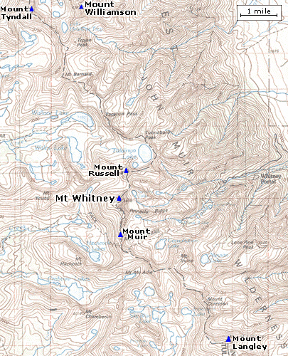 Topo Map showing 14ers from Mt Tyndall to Mt Langley