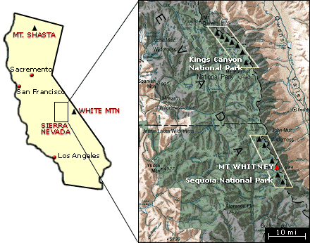 Map of California showing the 14ers