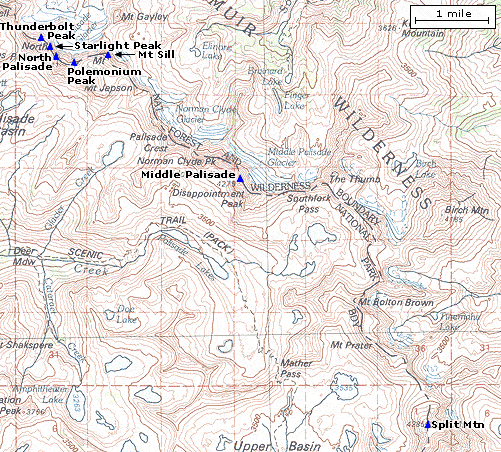 Topo Map showing 14ers from Thunderbolt Peak to Split Mtn