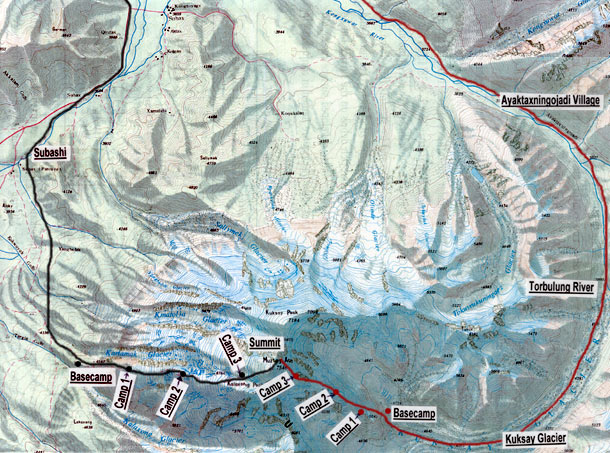 Topo Map showing both the standard route and the new route on Mustagh Ata