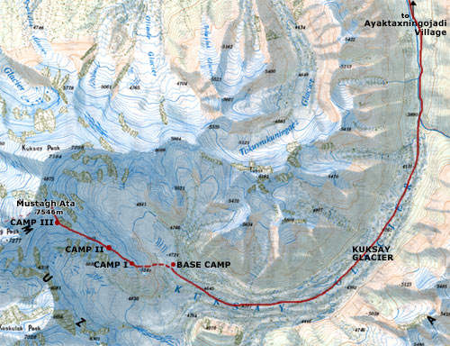 Topo Map showing both the new route on the East Ridge